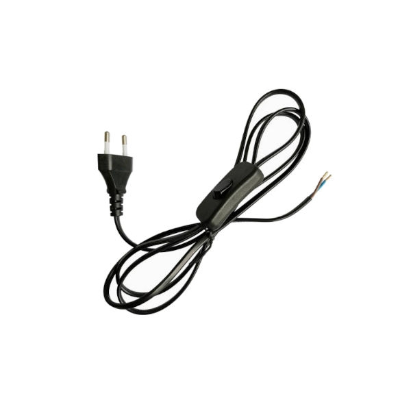 כבל חשמל שחור עם תקע דו פיני ומפסק ביניים 1.8 מטר