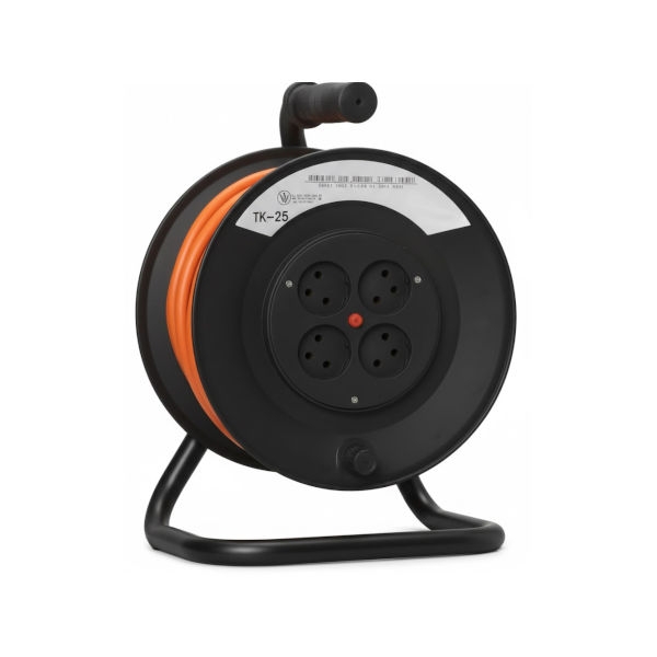 כבל חשמל 25 מטר על תוף עם רב שקע 4 ומגן התחממות